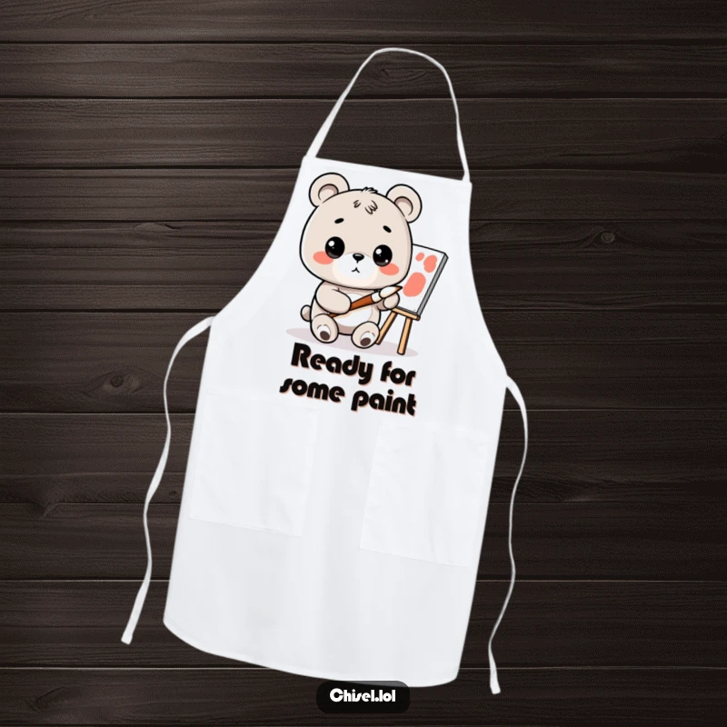 Funny Kawaii Bear Apron: A curious bear holding a paintbrush, looking at a canvas, adding artistic humor to kitchen wear.