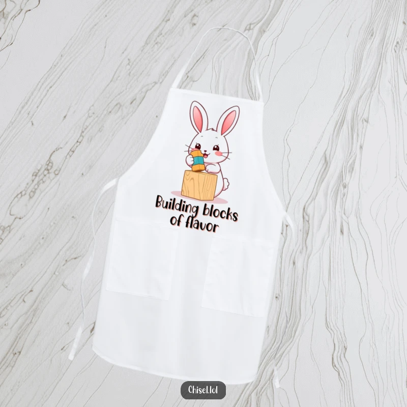 Funny Kawaii bunny apron featuring a cute character hammering a toy block, ideal for kitchen fun and humorous gifting.