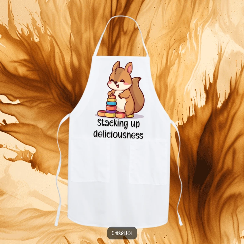 Funny Kawaii squirrel apron featuring a determined character stacking small brightly colored wooden rings, ideal for kitchen organization.