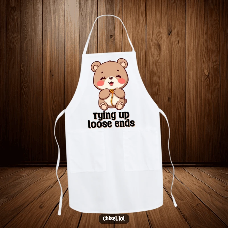 Funny Kawaii bear apron featuring a giggling character tying a colorful string knot with its paws, ideal for kitchen fun.