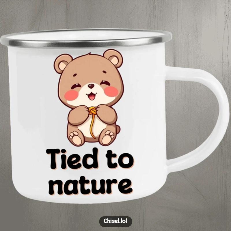 Funny Kawaii bear camping mug showing a giggling character tying a colorful string knot with its paws, great for adventures.