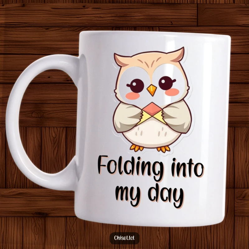 Funny Kawaii Owl Origami Mug: A giggling owl character carefully folding a colorful origami shape, radiating craft-time happiness.