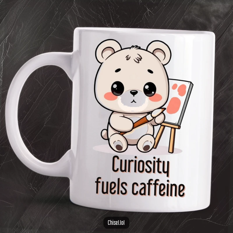 Funny Kawaii Bear Painter Mug: A curious bear character holding a tiny paintbrush, looking thoughtfully at a canvas, inspiring art.