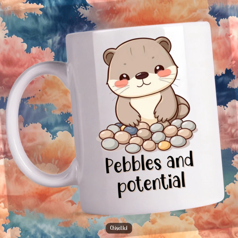 Funny Kawaii otter mug featuring a curious character carefully arranging shiny pebbles into a simple pattern, perfect gift.