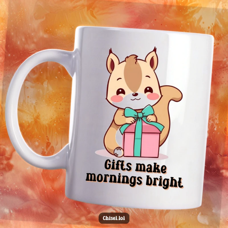 Funny Kawaii Squirrel Mug: A playful squirrel character busily tying a ribbon around a small gift box, embodying festive cheer.