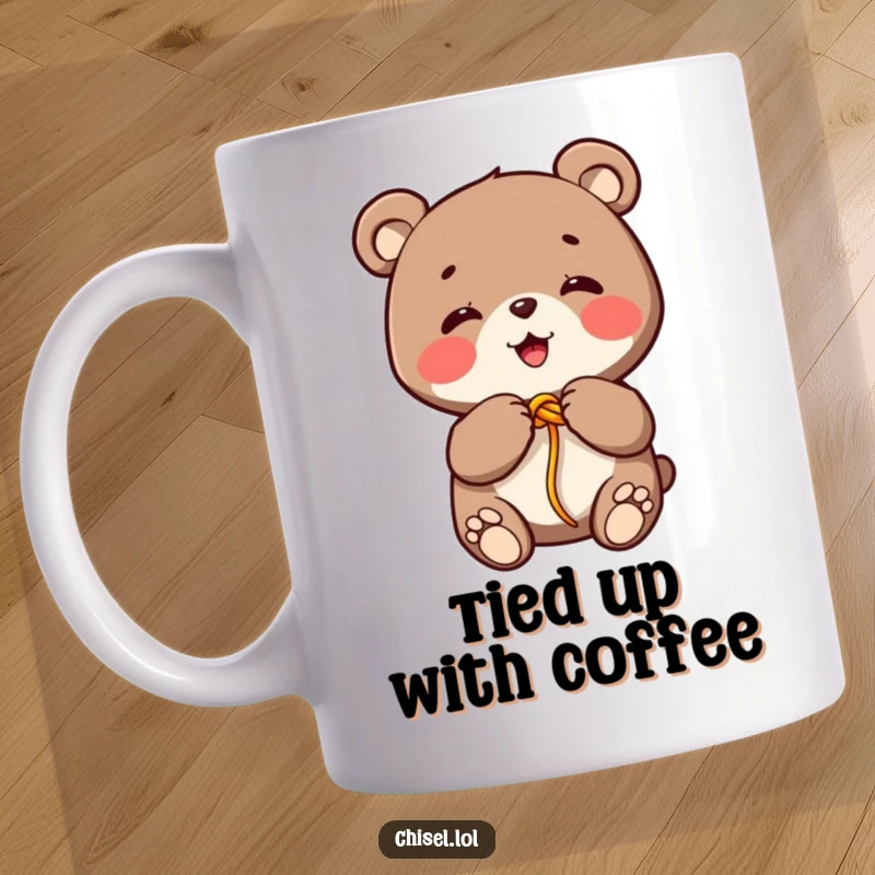 Funny Kawaii bear mug featuring a giggling character joyfully tying a knot in a colorful string with its paws, perfect gift.