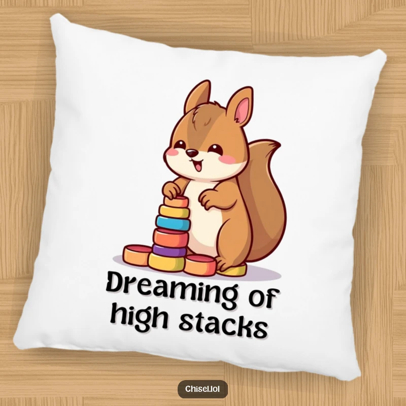 Funny Kawaii squirrel pillow showing a determined character stacking small colorful wooden rings, soft and decorative.