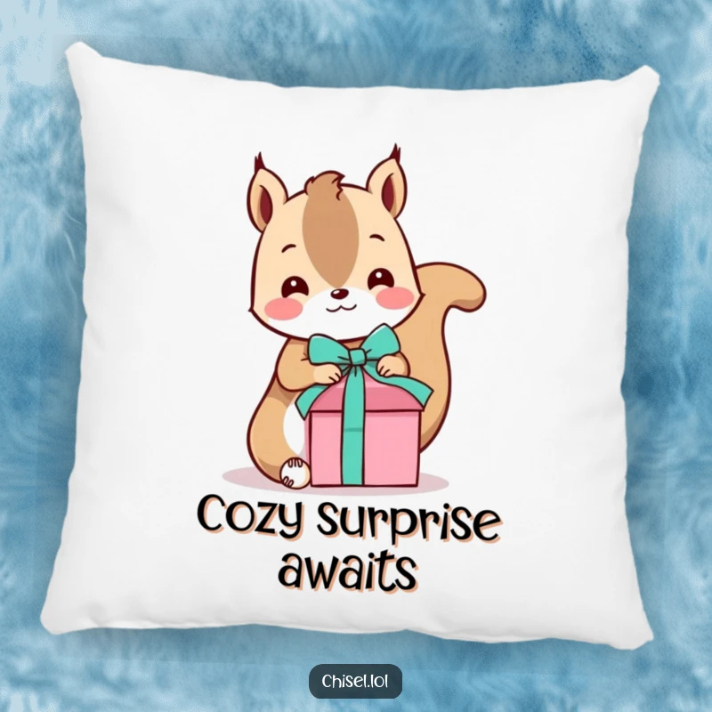 Funny Kawaii Squirrel Pillow: A playful squirrel character tying a ribbon on a gift, offering comfort and festive humor.