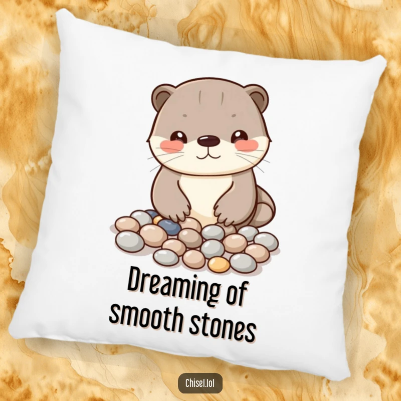 Funny Kawaii otter pillow showing a curious character arranging shiny pebbles into a pattern, soft and decorative.