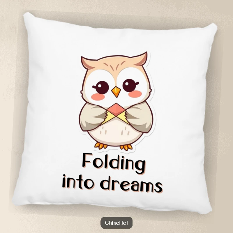 Funny Kawaii Owl Pillow: A giggling owl character folding origami, offering comfort and crafty humor.