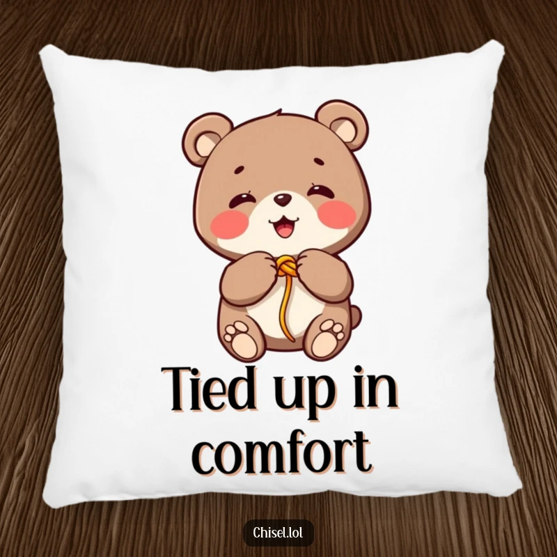 Funny Kawaii bear pillow showing a giggling character tying a colorful string knot with its paws, soft and decorative.