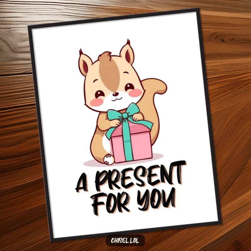 Funny Kawaii Squirrel Digital Art: A playful squirrel character tying a ribbon around a small gift box, ready for instant festive joy.