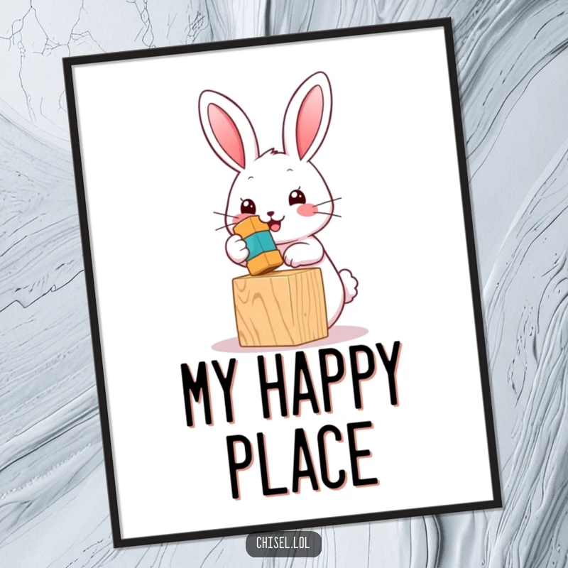 Printable funny Kawaii bunny digital art showing a cute character hammering a toy block, instant cheerful decor.