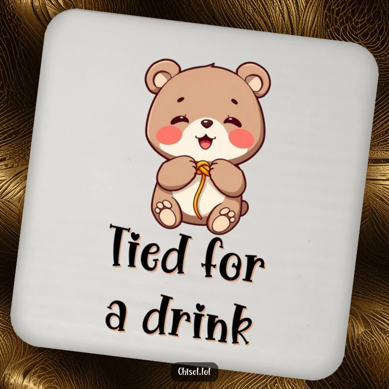 Funny Kawaii bear drink coaster featuring a giggling character tying a colorful string knot with its paws, protects surfaces.