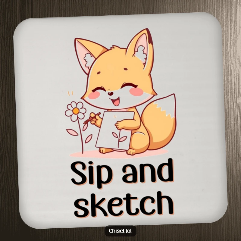 Funny Kawaii Fox Coaster: A joyful fox character sketching a flower, protecting surfaces with artistic charm and humor.