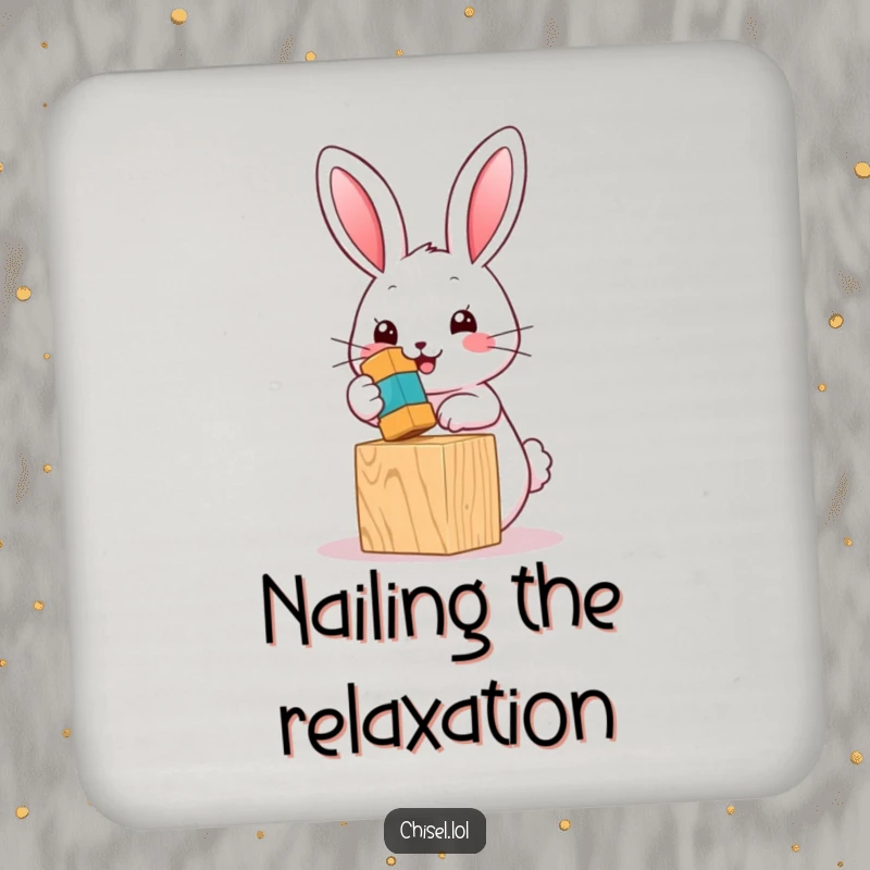 Funny Kawaii bunny drink coaster featuring a cute character hammering a toy block, protects surfaces with humor.