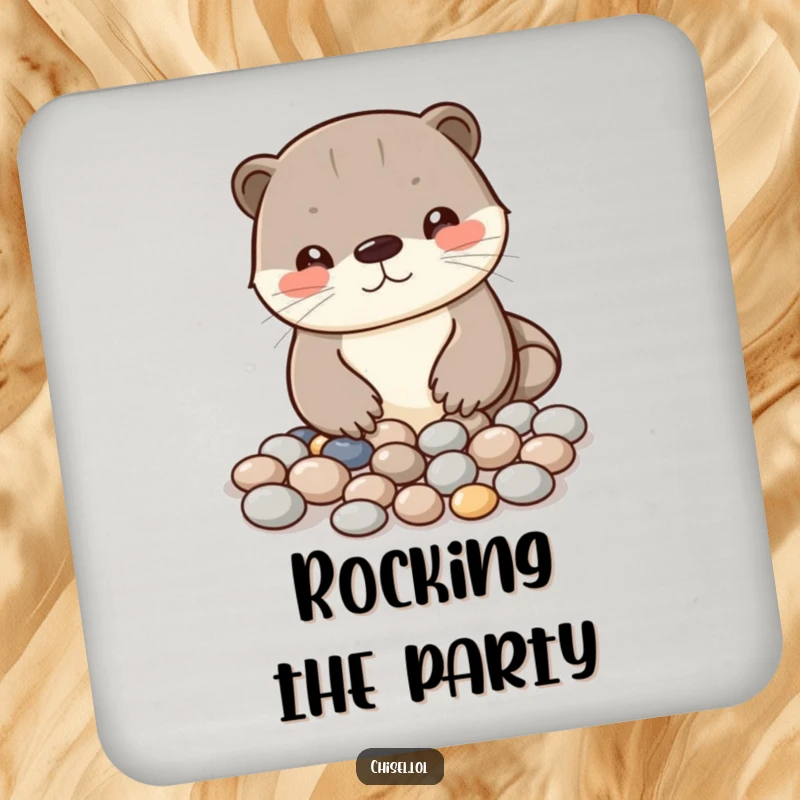 Funny Kawaii otter drink coaster featuring a curious character arranging shiny pebbles into a pattern, protects surfaces.