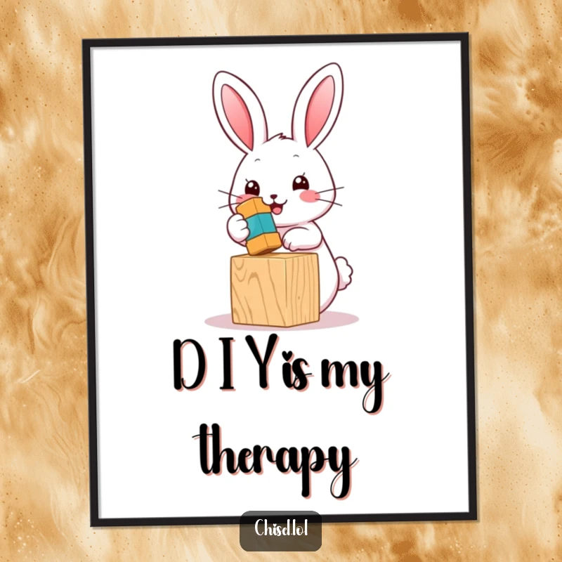 Funny Kawaii bunny poster showing a cute character happily hammering a toy block with a miniature colorful hammer, perfect wall art.