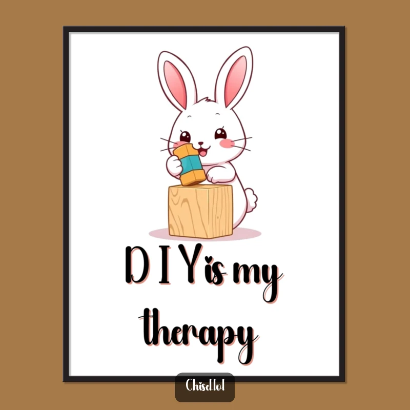Funny Kawaii Bunny Poster: Adorable Hammering Art for a Cheerful Home Decor