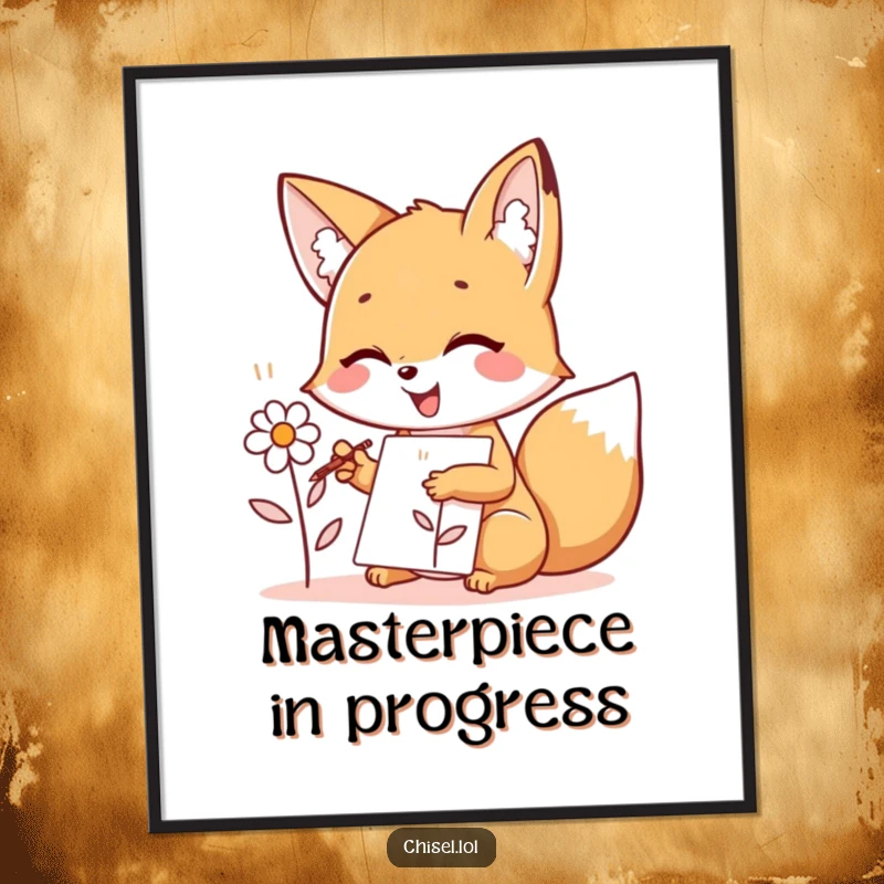 Funny Kawaii Fox Poster: A joyful fox character enthusiastically sketching a simple flower design, bringing whimsical art and laughter to any room.