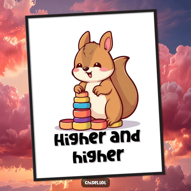 Funny Kawaii squirrel poster showing a determined character enthusiastically stacking small brightly colored wooden rings, perfect wall art.