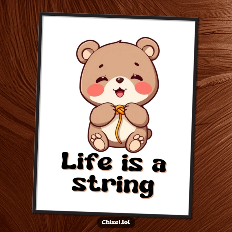 Funny Kawaii bear poster showing a giggling character joyfully tying a colorful string knot with its paws, perfect wall art.