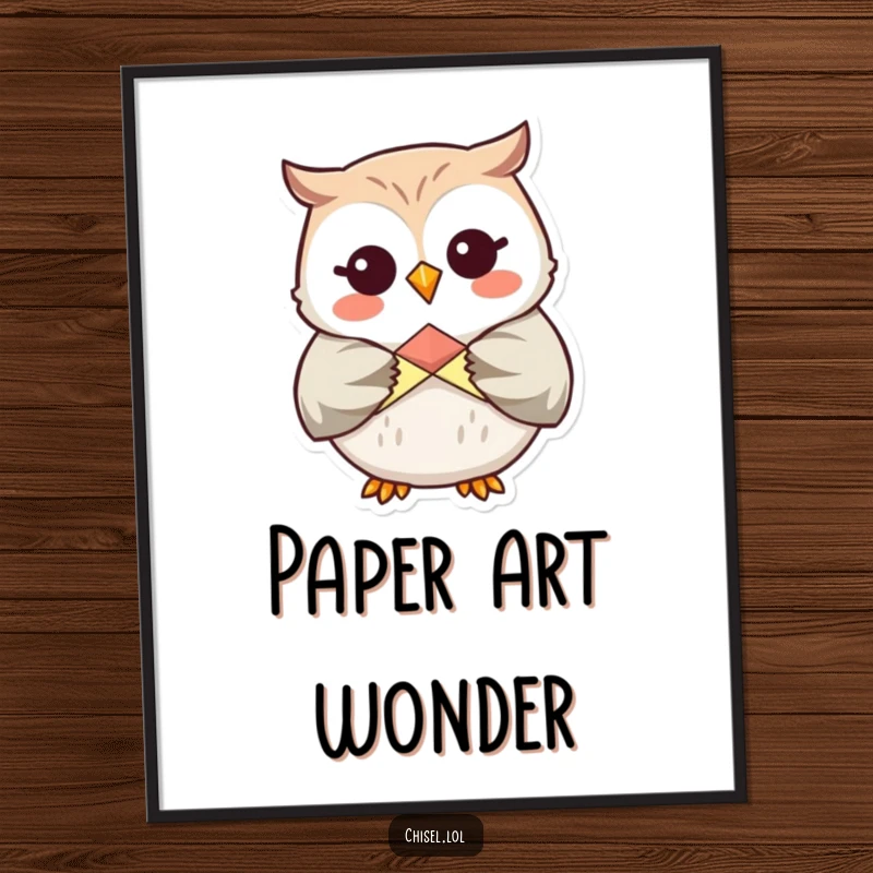 Funny Kawaii Owl Poster: A giggling owl character carefully folding a colorful origami shape, bringing crafty humor to decor.