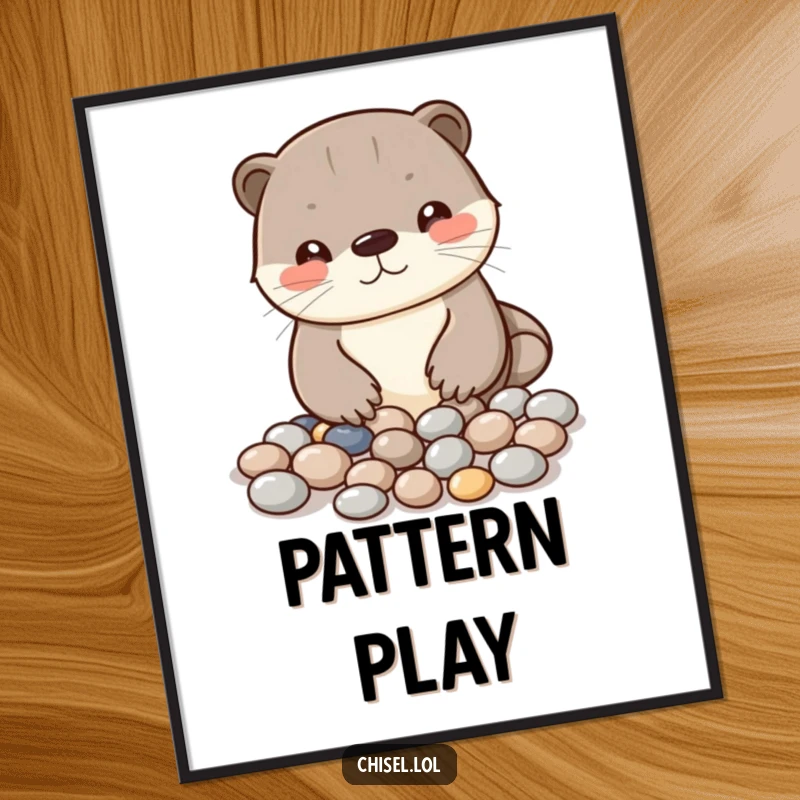 Funny Kawaii otter poster showing a curious character carefully arranging shiny pebbles into a simple pattern, perfect wall art.