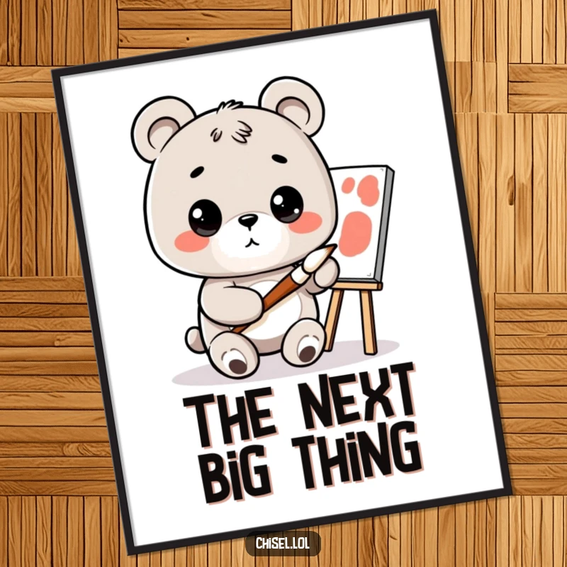Funny Kawaii Bear Poster: A curious Kawaii bear with a paintbrush, intently studying a canvas, adding artistic humor to decor.