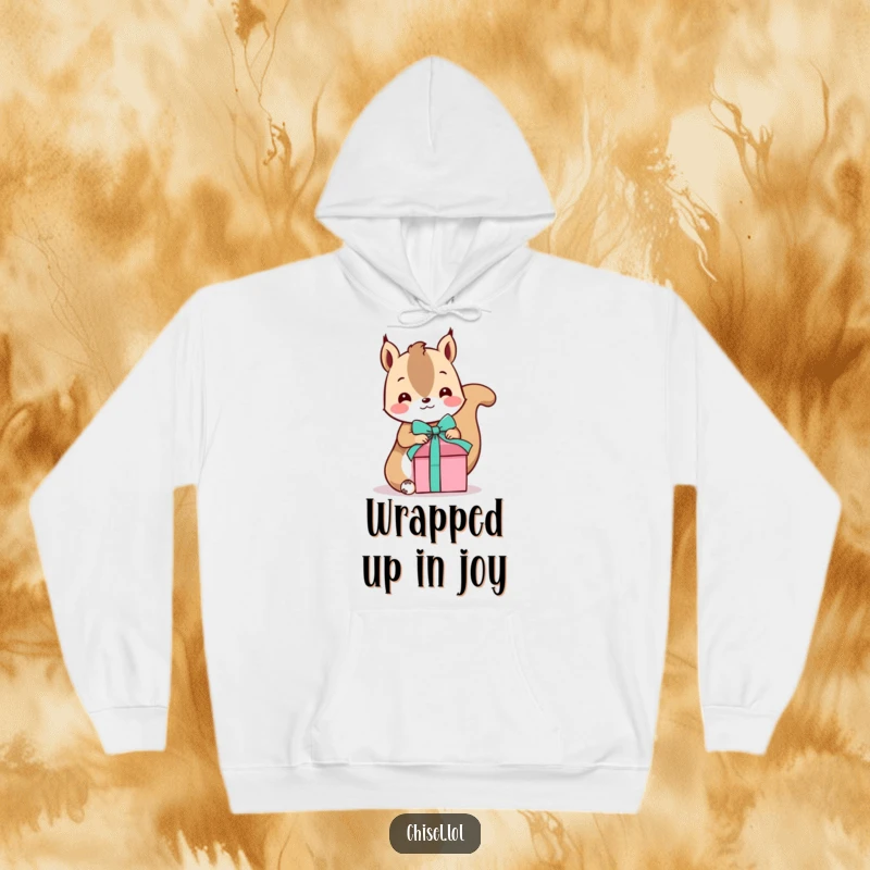 Funny Kawaii Squirrel Hoodie: A playful squirrel character tying a ribbon around a gift, offering cozy warmth and festive humor.