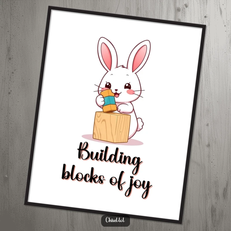 Funny Free Printable Kawaii Bunny Wall Art, cheerfully hammering a tiny hammer, bringing DIY fun to your decor.