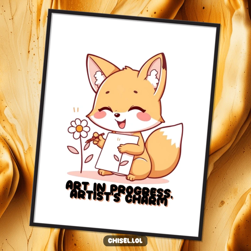 Funny Free Printable Wall Art: Kawaii fox artist enthusiastically sketching a flower, adding creative joy to decor.