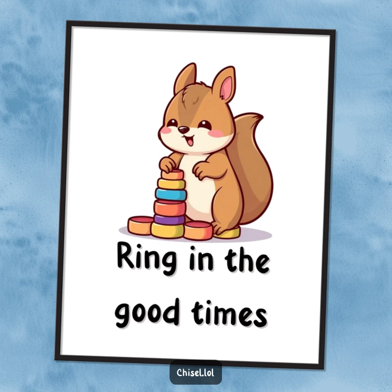 Funny Free Printable Kawaii Squirrel Wall Art, enthusiastically stacking wooden rings, a dynamic DIY decor piece.