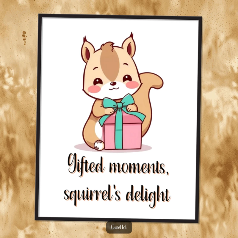 Funny Free Printable Wall Art: Playful Kawaii squirrel tying a ribbon on a gift box, adding whimsical charm to decor.