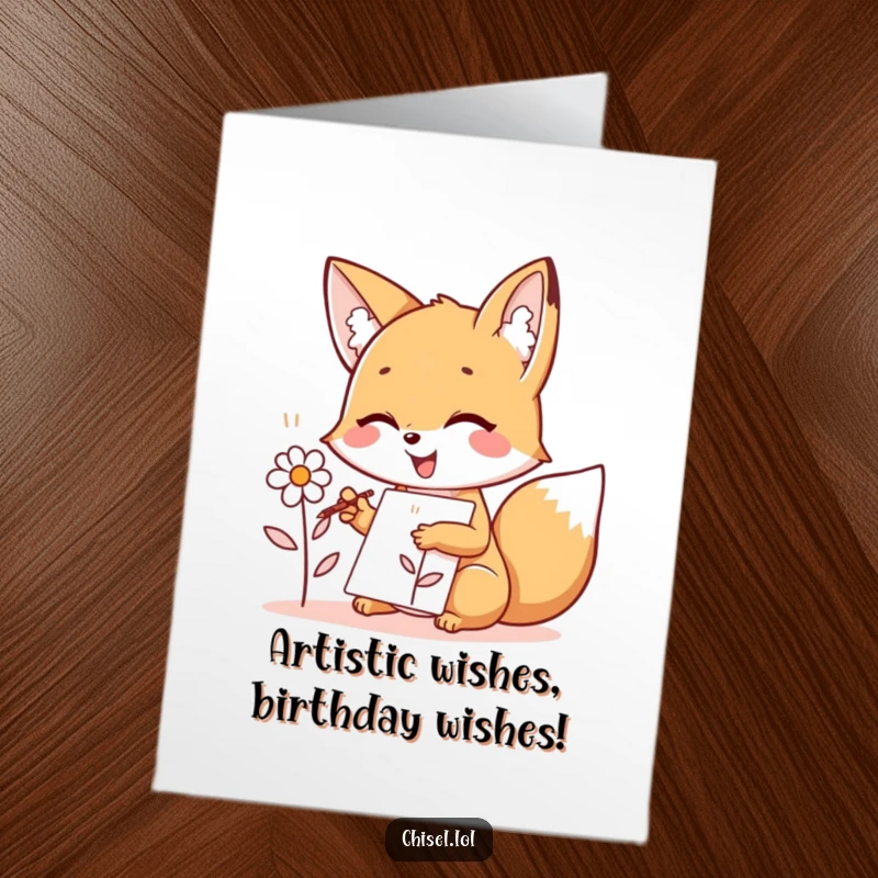 Funny Free Printable Birthday Card: Kawaii fox artist happily sketching a flower, creating a joyful DIY greeting.