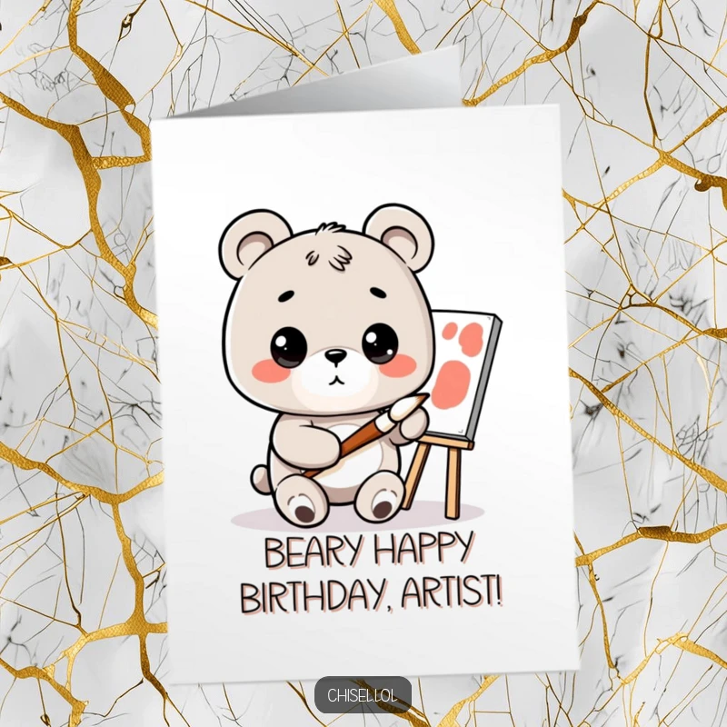 Funny Free Printable Birthday Card: Curious Kawaii bear holding a paintbrush, contemplating a canvas for a creative greeting.