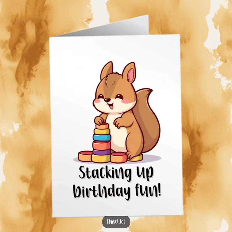 Funny Free Printable Kawaii Squirrel Birthday Card, stacking colorful rings, a DIY celebration of joy.