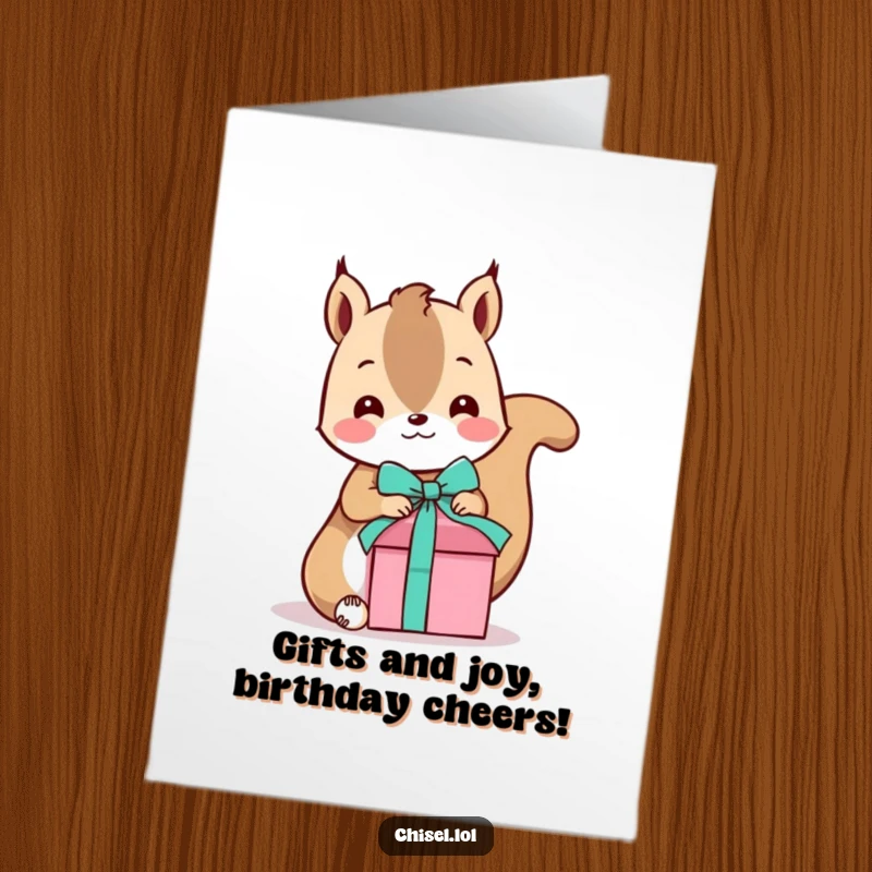 Funny Free Printable Birthday Card: Playful Kawaii squirrel tying a ribbon on a small gift box, ready to celebrate.