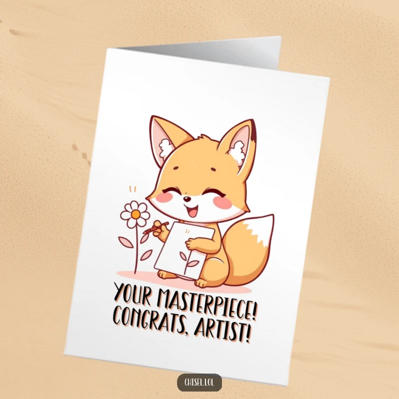 Funny Free Printable Congratulations Card: Kawaii fox artist sketching a flower, celebrating success with DIY charm.