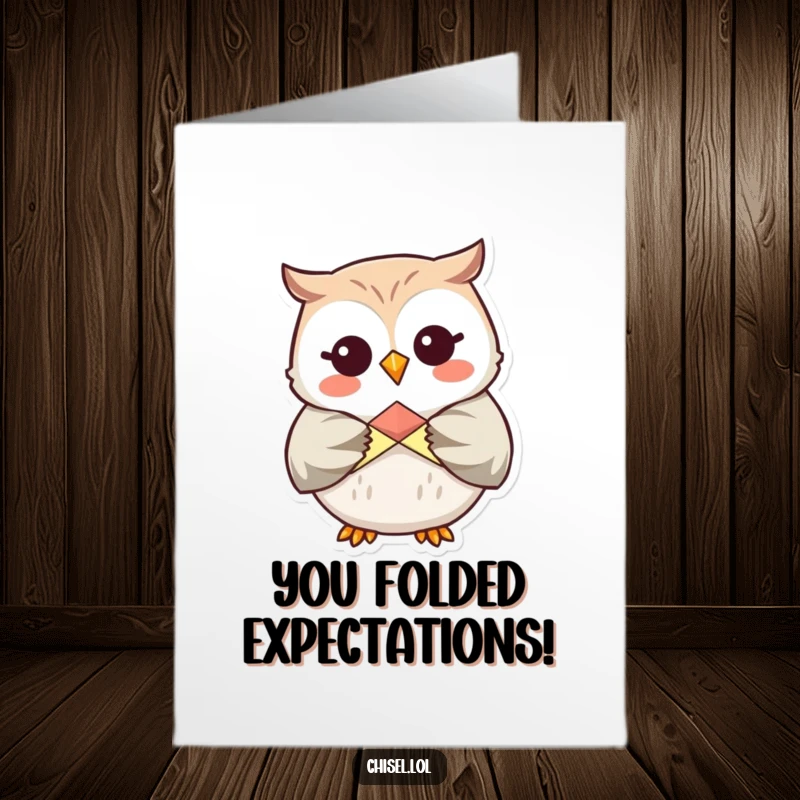 Funny Free Printable Congratulations Card: Giggling Kawaii owl folding origami, celebrating success with artistic DIY charm.