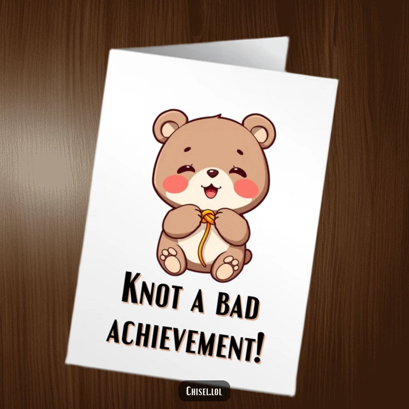 Funny Free Printable Kawaii Bear Congratulations Card, skillfully tying a knot, a DIY celebration of success.