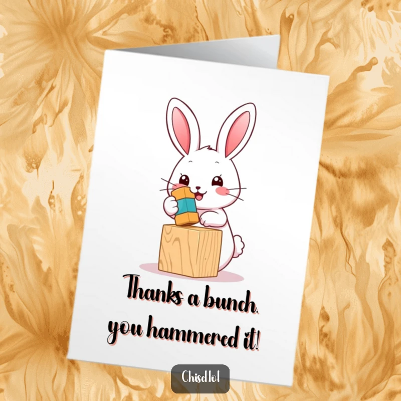 Funny Free Printable Kawaii Bunny Thank You Card, happily hammering, a charming DIY expression of gratitude.
