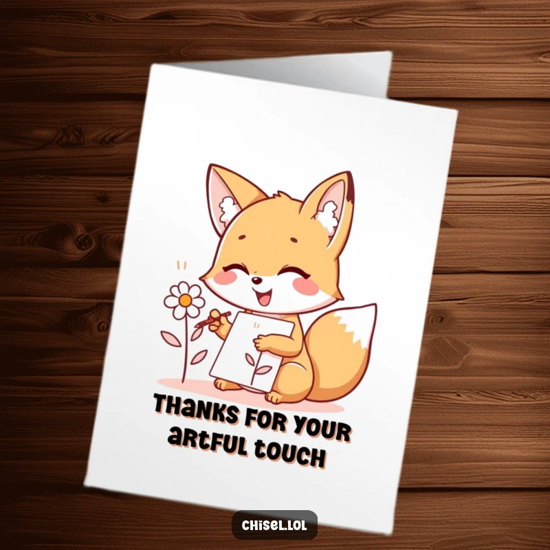 Funny Free Printable Thank You Card: Kawaii fox artist sketching a flower, showing gratitude with artistic flair.