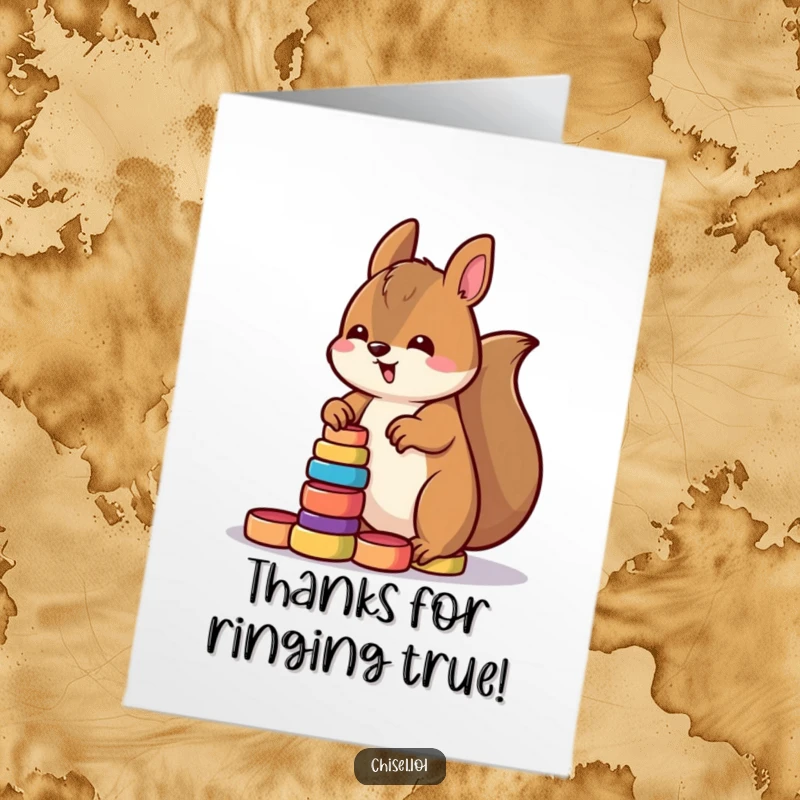 Funny Free Printable Kawaii Squirrel Thank You Card, stacking colorful rings with determination, a vibrant DIY thank you.