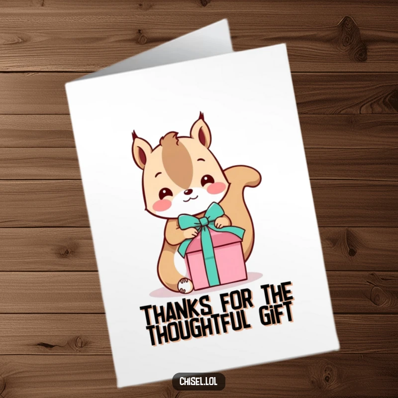 Funny Free Printable Thank You Card: Playful Kawaii squirrel tying a ribbon on a gift, offering thanks with DIY flair.
