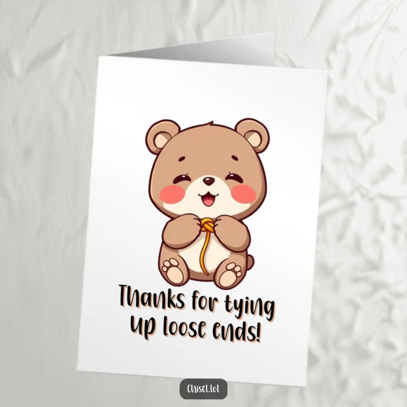 Funny Free Printable Kawaii Bear Thank You Card, cheerfully tying a knot, a charming DIY way to say thanks.