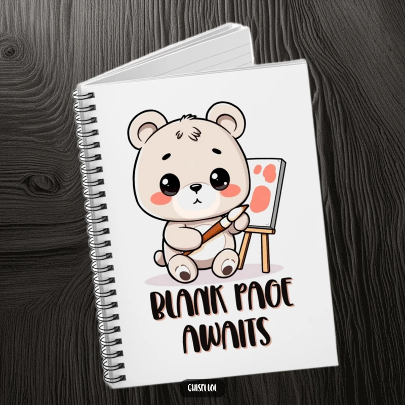 Funny Kawaii Bear Notebook: A curious bear character holding a paintbrush, looking at a canvas, for capturing creative thoughts.