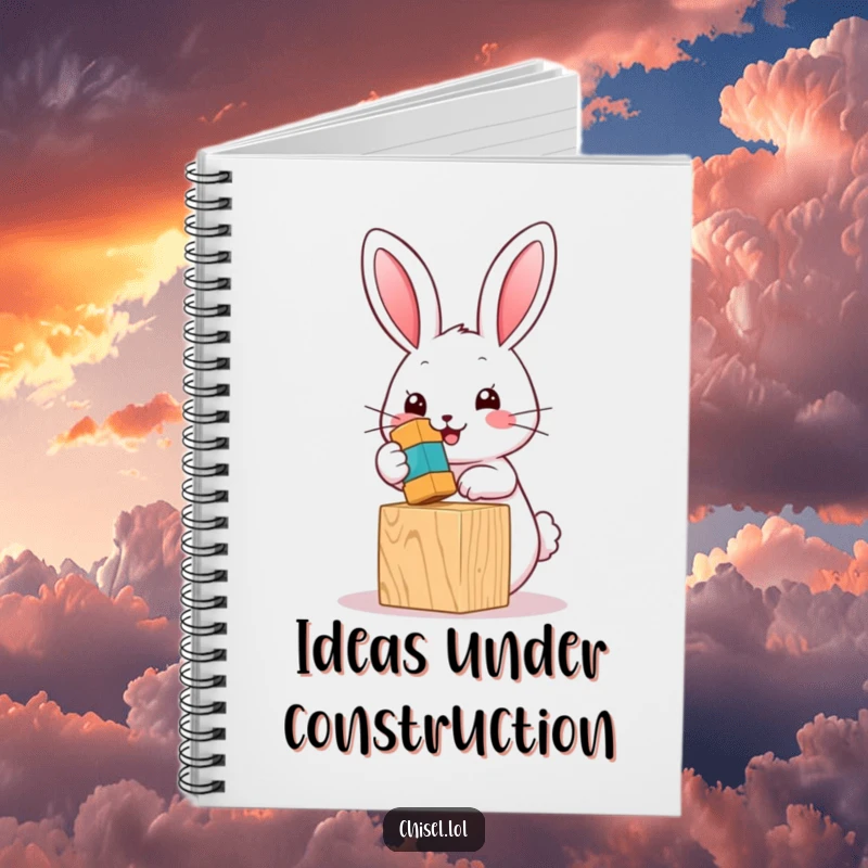Funny Kawaii bunny notebook showcasing a cute character happily hammering a block, perfect for notes and journaling.