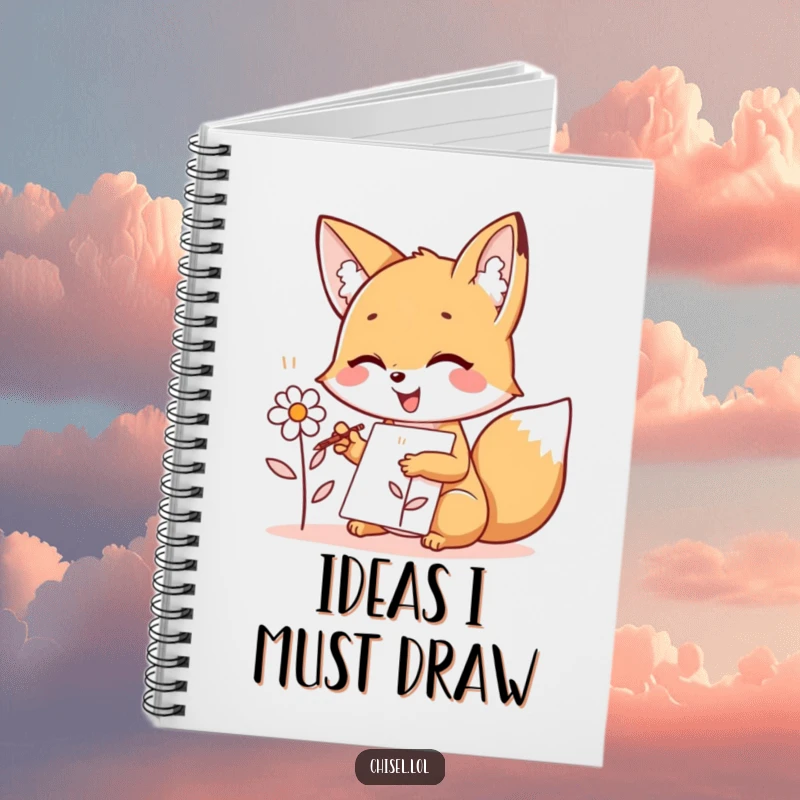 Funny Kawaii Fox Notebook: A joyful fox character sketching a flower, ideal for capturing creative thoughts and artistic inspiration.