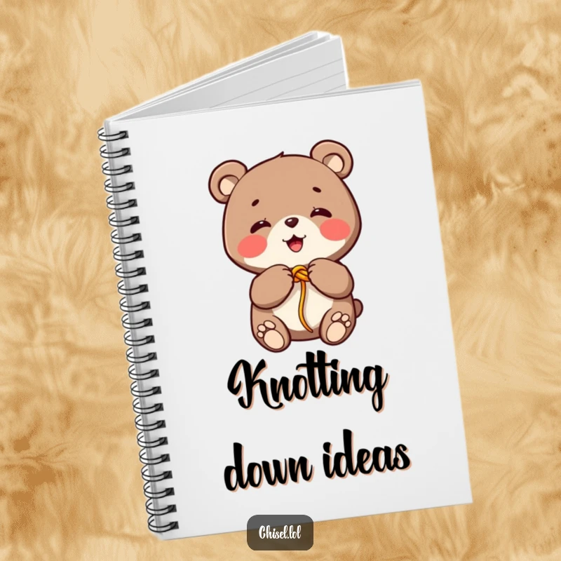 Funny Kawaii bear notebook showcasing a giggling character tying a colorful string knot with its paws, perfect for notes.